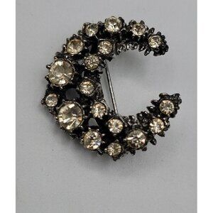 Vintage Clear Rhinestone Crescent Moon Brooch Pin Huge Sparkle Gun Metal Grey